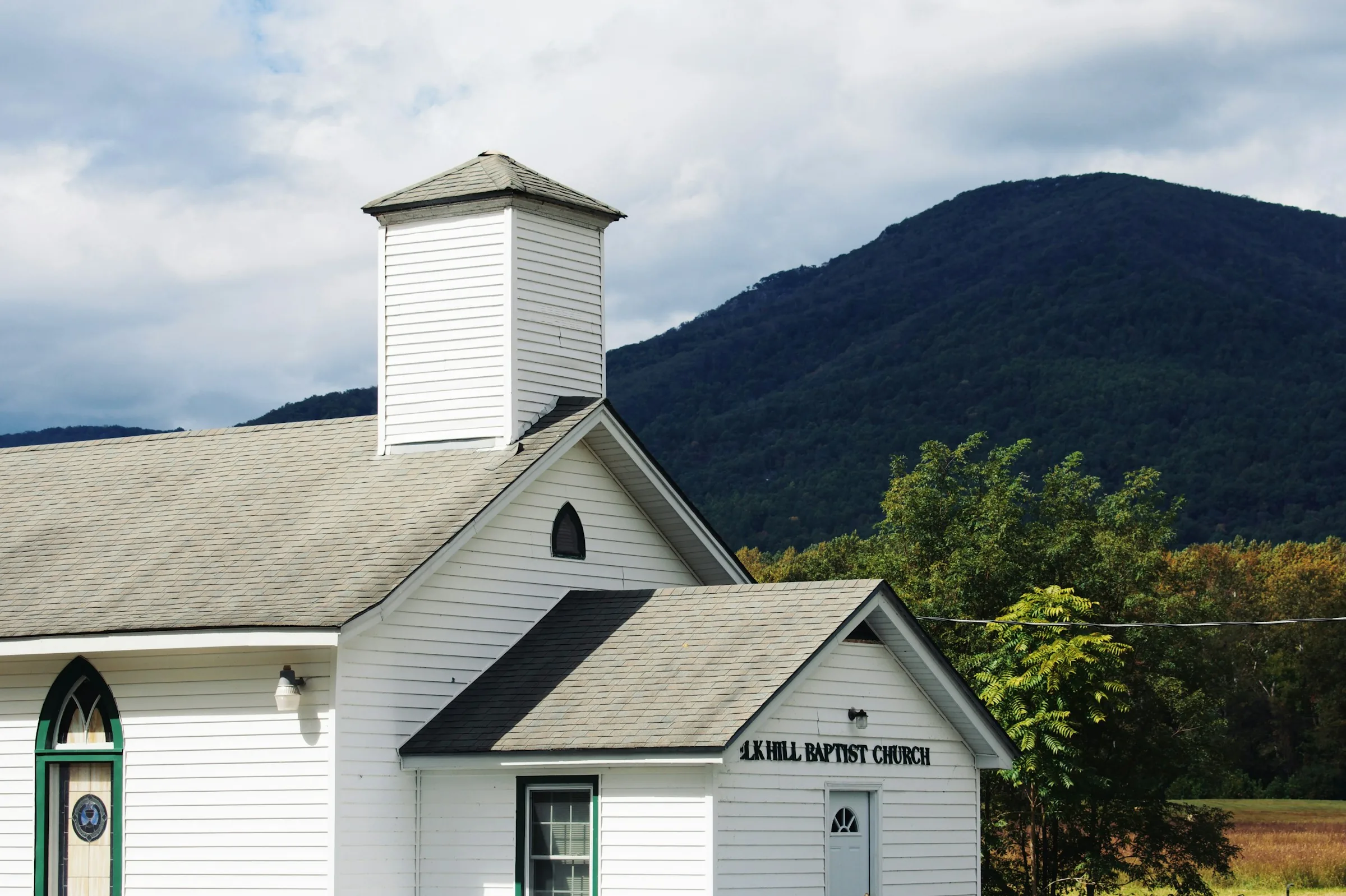 A church below a Blue Ridge peak in Nellysford